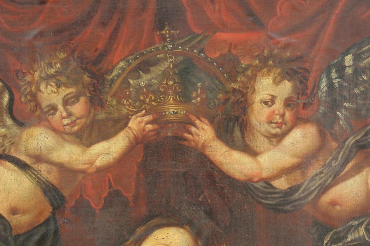 Antique Italian Religious Painting Coronation Of Madonna With Child 18th Century