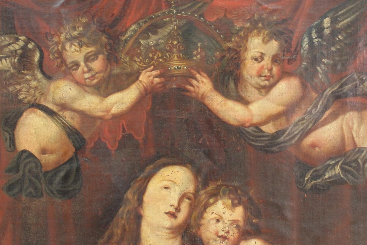 Antique Italian Religious Painting Coronation Of Madonna With Child 18th Century