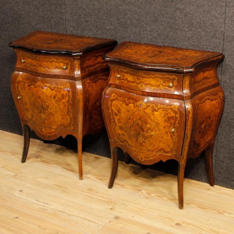 Pair Of Italian Inlaid Bedside Tables In Louis XV Style From 20th Century