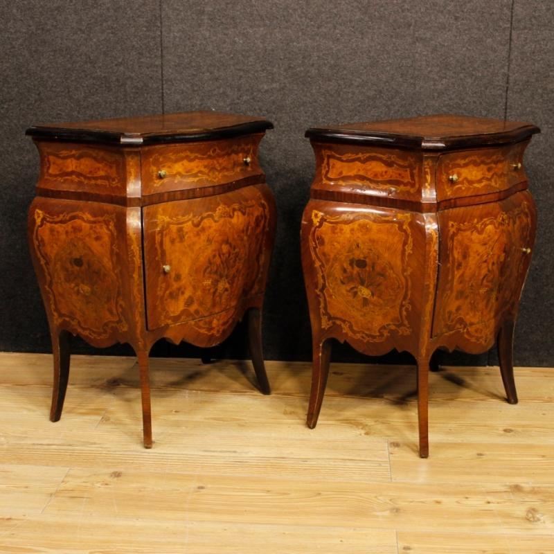 Pair Of Italian Inlaid Bedside Tables In Louis XV Style From 20th Century