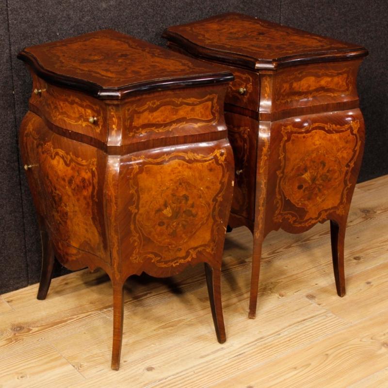 Pair Of Italian Inlaid Bedside Tables In Louis XV Style From 20th Century
