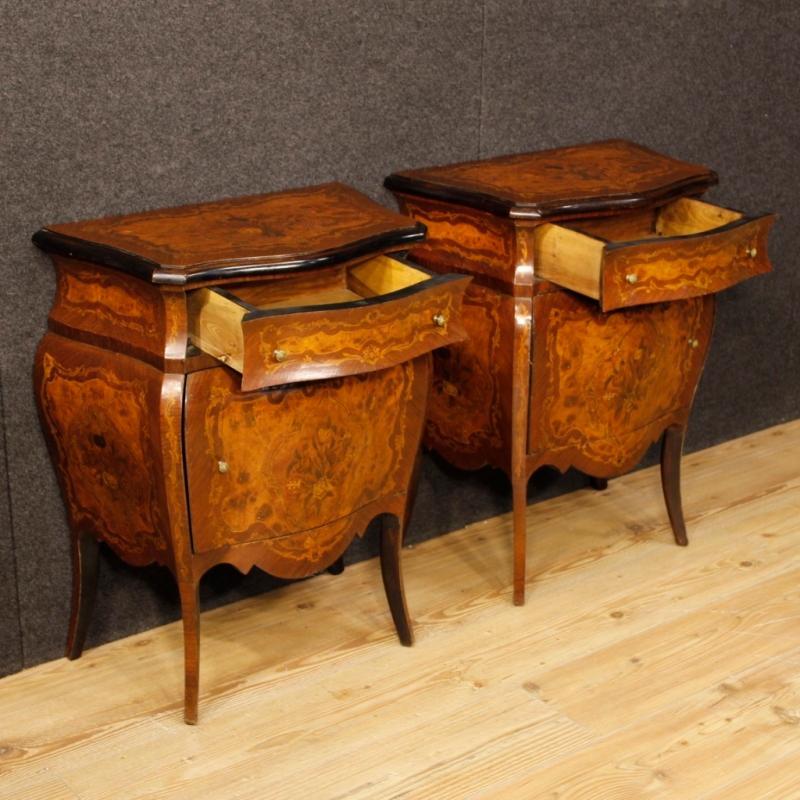 Pair Of Italian Inlaid Bedside Tables In Louis XV Style From 20th Century