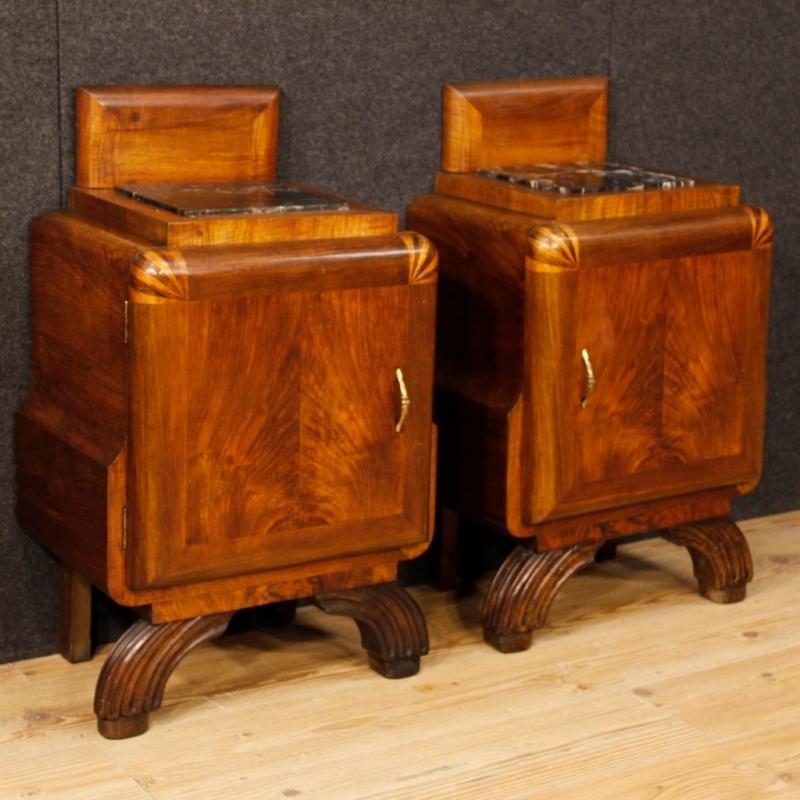 Pair Of Italian Bedside Tables In Walnut Wood with Marble Top Art Deco Style 20th Century