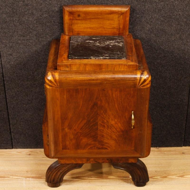 Pair Of Italian Bedside Tables In Walnut Wood with Marble Top Art Deco Style 20th Century
