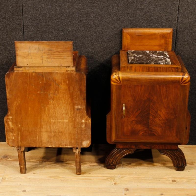 Pair Of Italian Bedside Tables In Walnut Wood with Marble Top Art Deco Style 20th Century