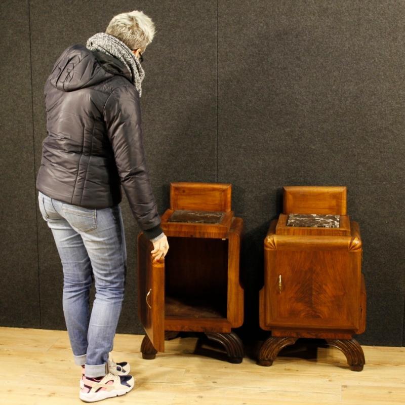 Pair Of Italian Bedside Tables In Walnut Wood with Marble Top Art Deco Style 20th Century