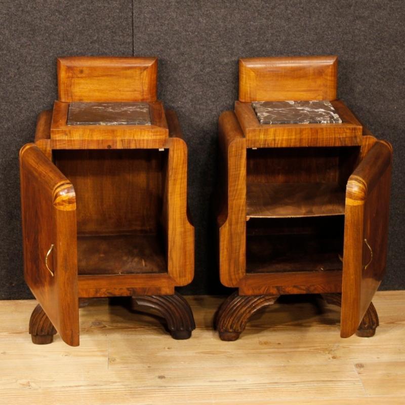 Pair Of Italian Bedside Tables In Walnut Wood with Marble Top Art Deco Style 20th Century