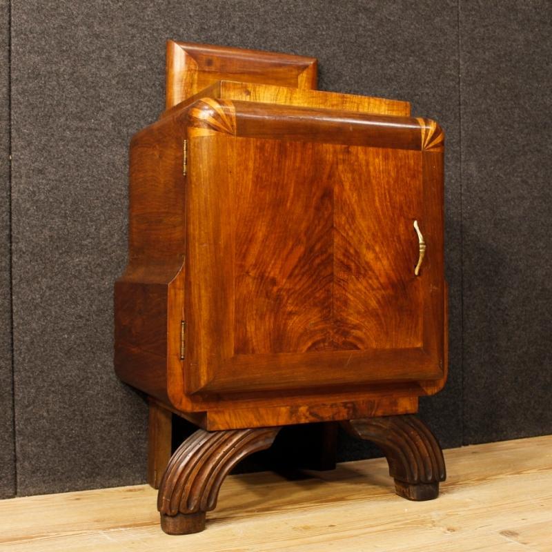 Pair Of Italian Bedside Tables In Walnut Wood with Marble Top Art Deco Style 20th Century