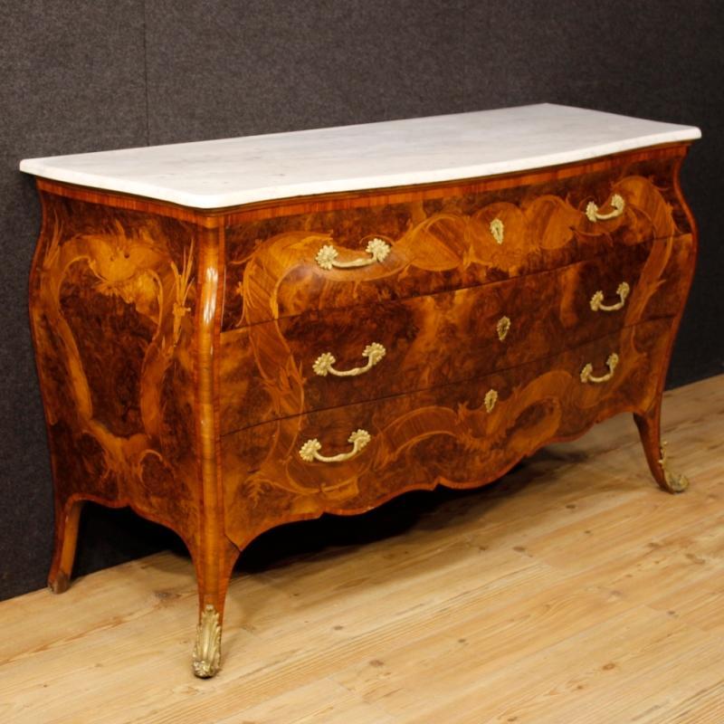 Italian Inlaid Chest Of Drawers With Marble Top In Louis XV Style 20th Century