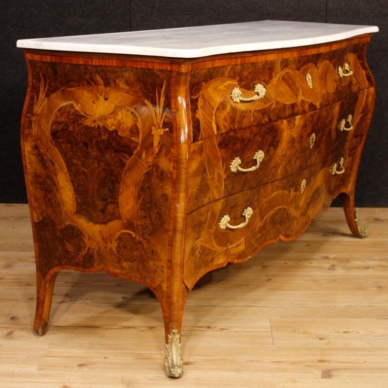 Italian Inlaid Chest Of Drawers With Marble Top In Louis XV Style 20th Century
