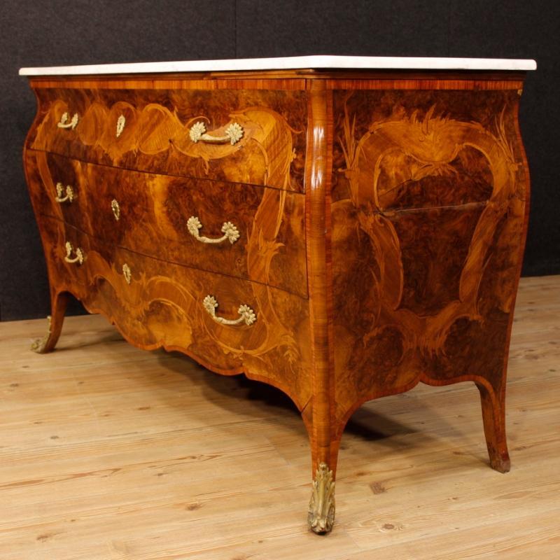 Italian Inlaid Chest Of Drawers With Marble Top In Louis XV Style 20th Century