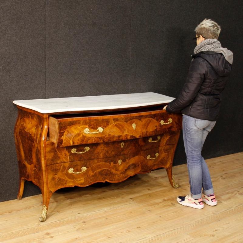 Italian Inlaid Chest Of Drawers With Marble Top In Louis XV Style 20th Century