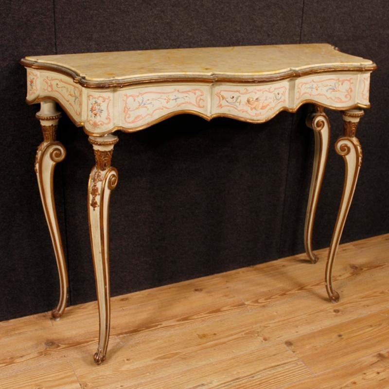 Italian Lacquered, Painted, Gilt Console Table With Marble Top 20th Century