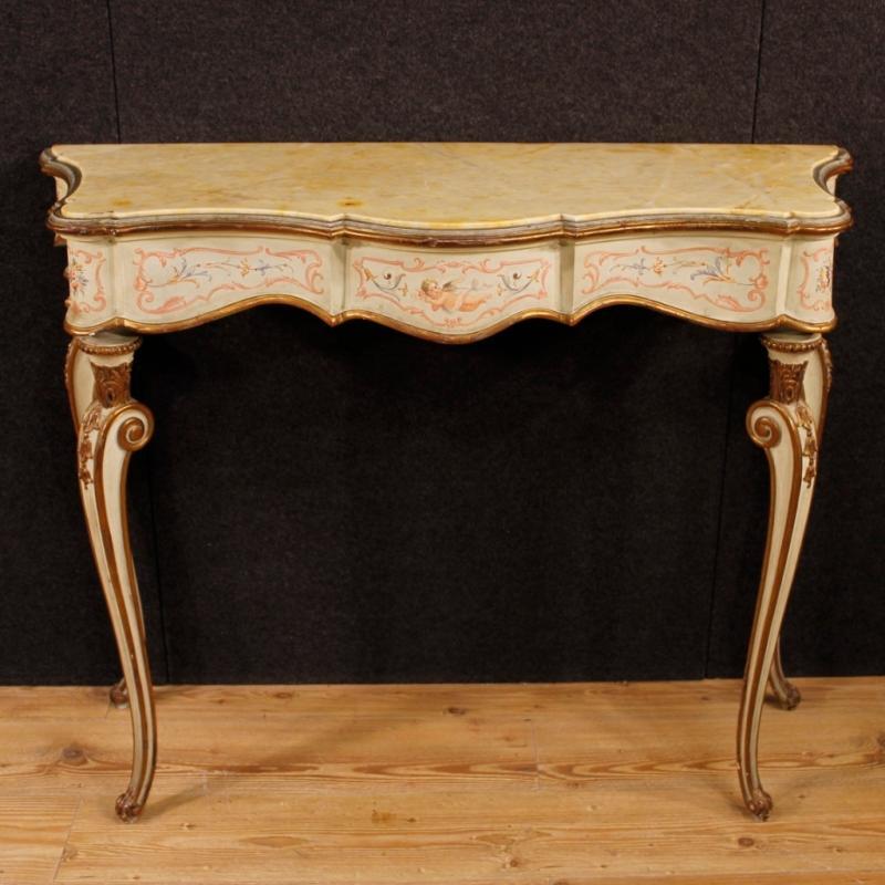 Italian Lacquered, Painted, Gilt Console Table With Marble Top 20th Century