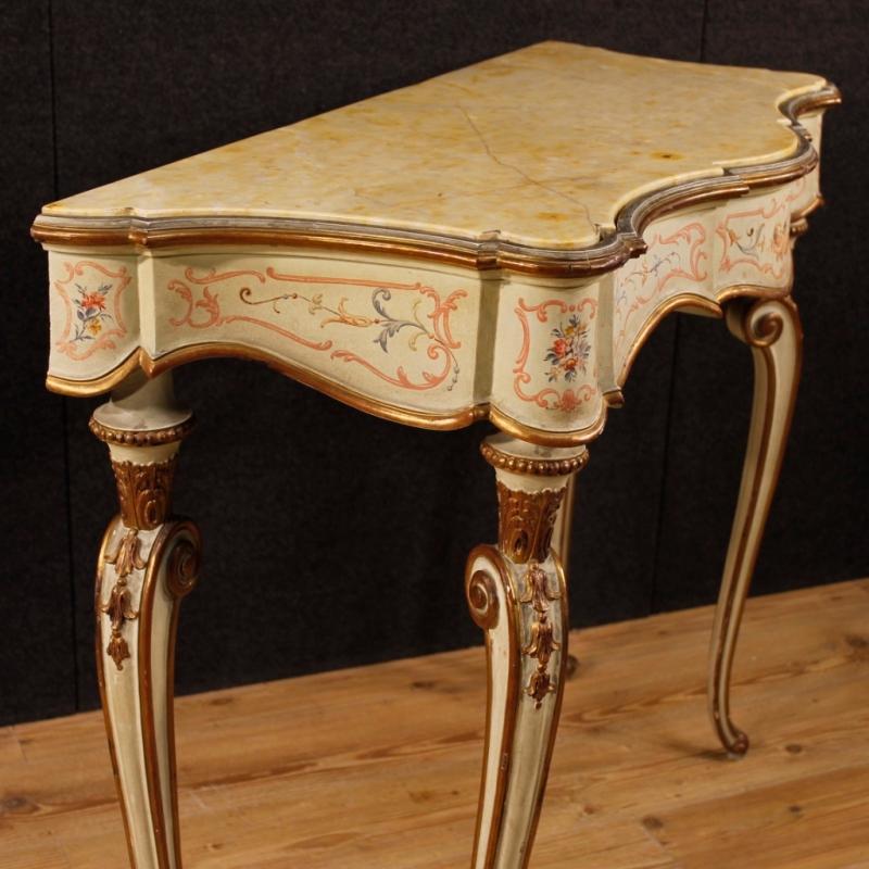Italian Lacquered, Painted, Gilt Console Table With Marble Top 20th Century