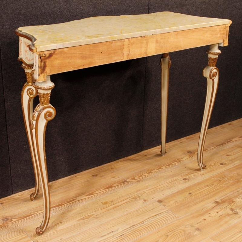 Italian Lacquered, Painted, Gilt Console Table With Marble Top 20th Century