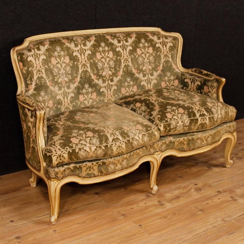 Italian Sofa In lacquered And Gilt Wood In Damask Velvet 20th Century