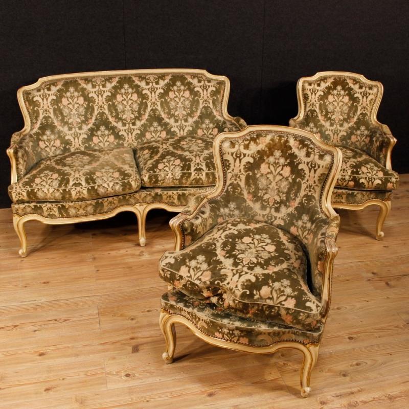 Italian Sofa In lacquered And Gilt Wood In Damask Velvet 20th Century