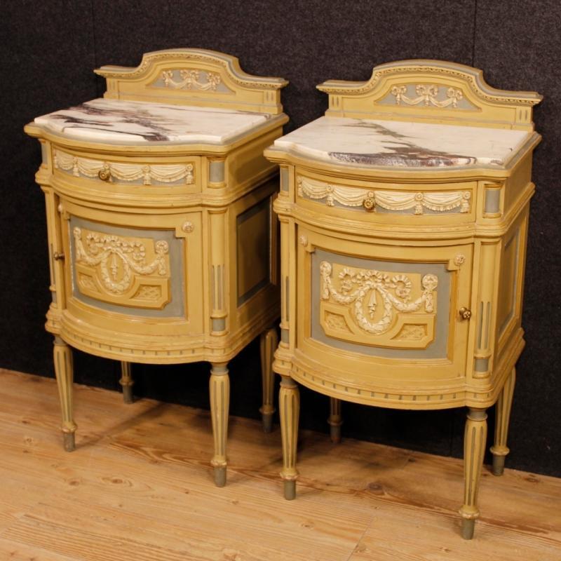 Pair Of Italian Lacquered Bedside Tables With Marble Top In Louis XVI Style 20th Century