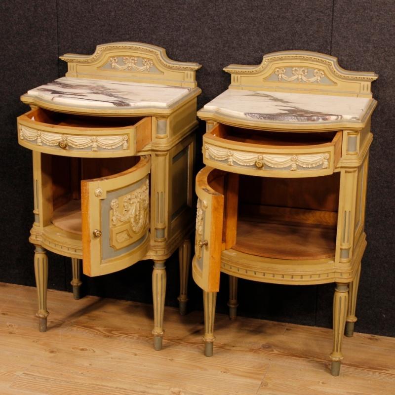 Pair Of Italian Lacquered Bedside Tables With Marble Top In Louis XVI Style 20th Century