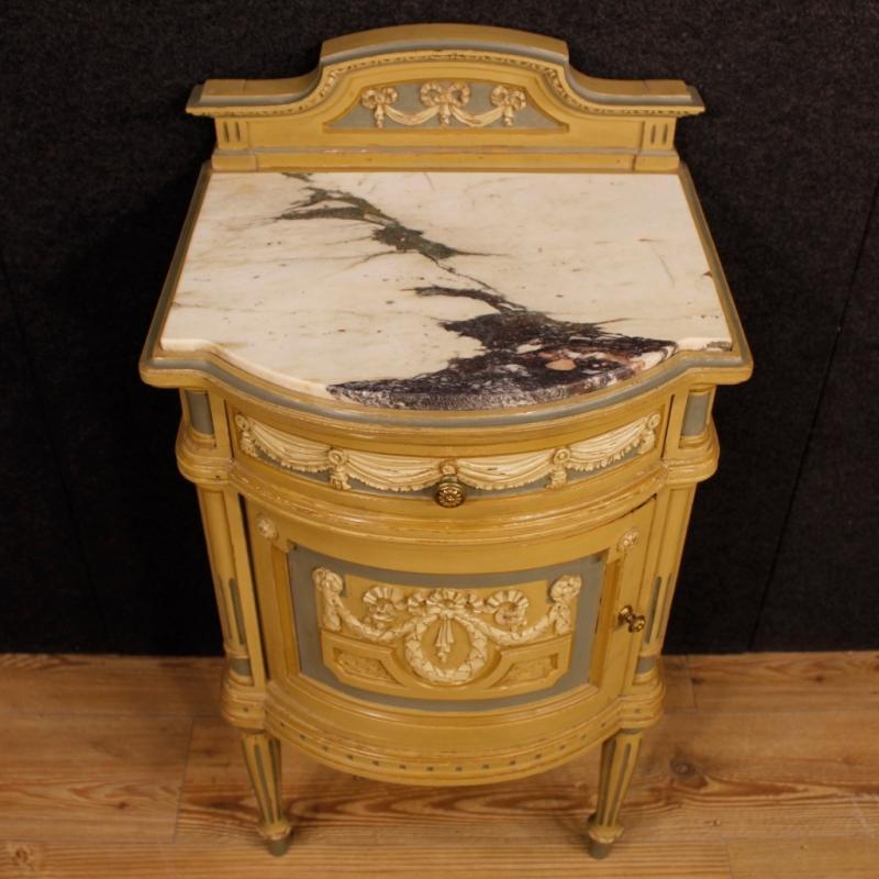 Pair Of Italian Lacquered Bedside Tables With Marble Top In Louis XVI Style 20th Century
