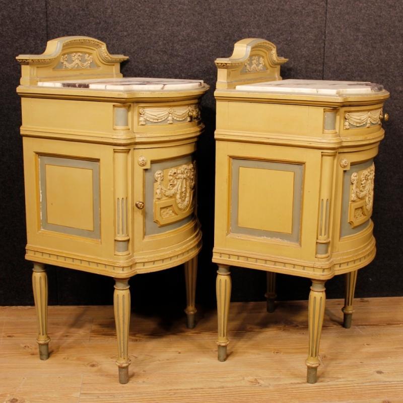 Pair Of Italian Lacquered Bedside Tables With Marble Top In Louis XVI Style 20th Century