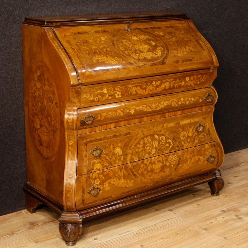 Dutch Bureau In Inlaid Walnut, Burl, Rosewood, Maple, Mahogany, Fruitwood 20th Century