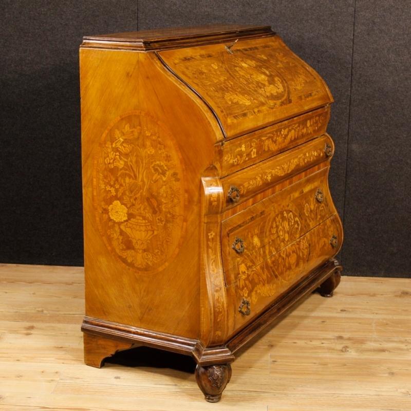 Dutch Bureau In Inlaid Walnut, Burl, Rosewood, Maple, Mahogany, Fruitwood 20th Century