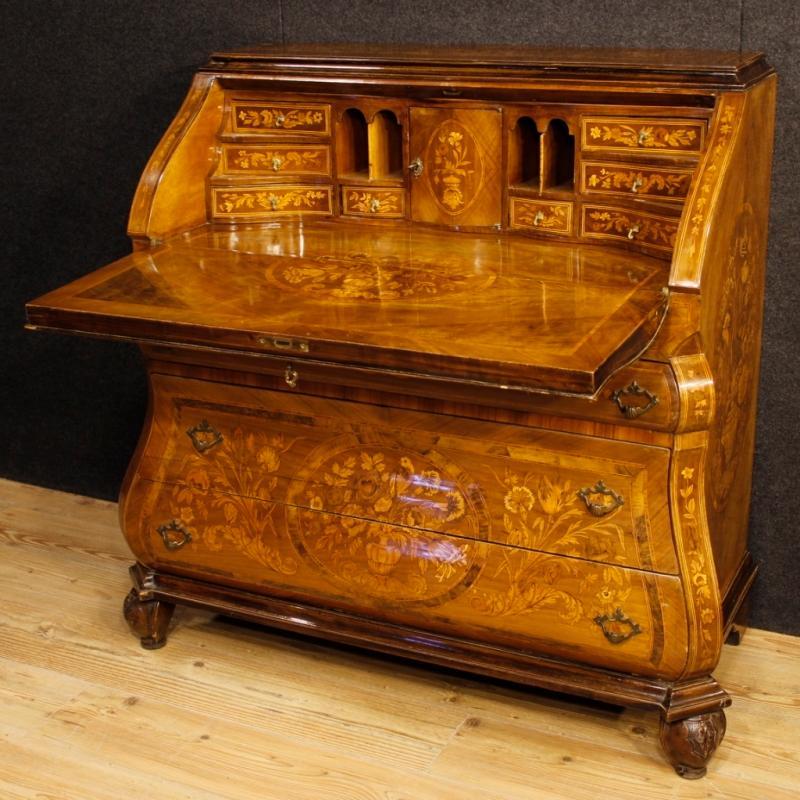Dutch Bureau In Inlaid Walnut, Burl, Rosewood, Maple, Mahogany, Fruitwood 20th Century