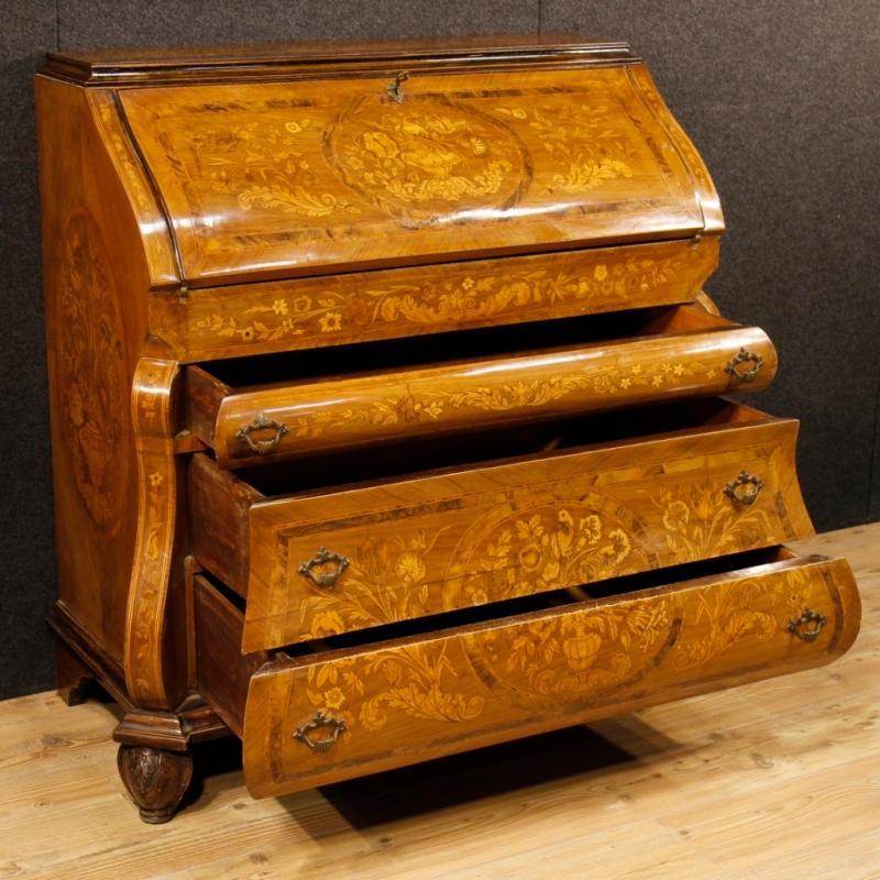 Dutch Bureau In Inlaid Walnut, Burl, Rosewood, Maple, Mahogany, Fruitwood 20th Century