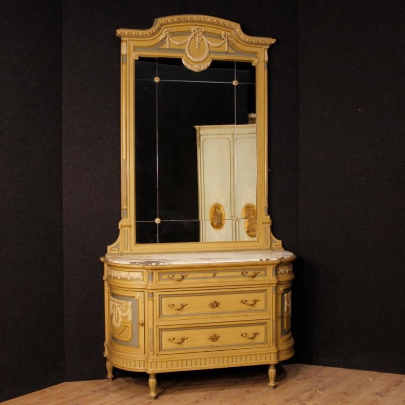 Italian Dresser With Mirror In Lacquered Wood With Marble Top In Louis XVI Style 20th Century