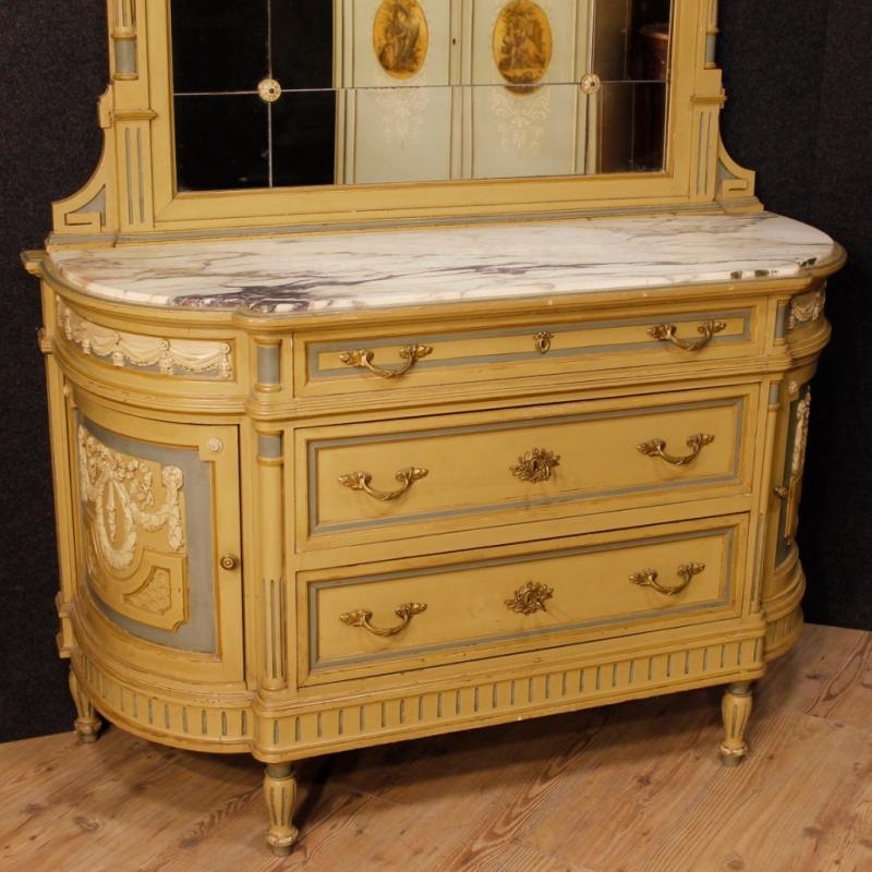 Italian Dresser With Mirror In Lacquered Wood With Marble Top In Louis XVI Style 20th Century