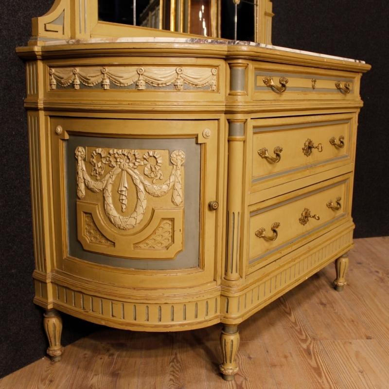 Italian Dresser With Mirror In Lacquered Wood With Marble Top In Louis XVI Style 20th Century
