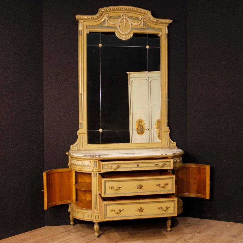 Italian Dresser With Mirror In Lacquered Wood With Marble Top In Louis XVI Style 20th Century