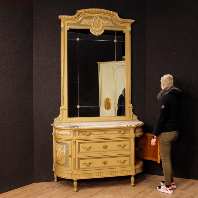 Italian Dresser With Mirror In Lacquered Wood With Marble Top In Louis XVI Style 20th Century