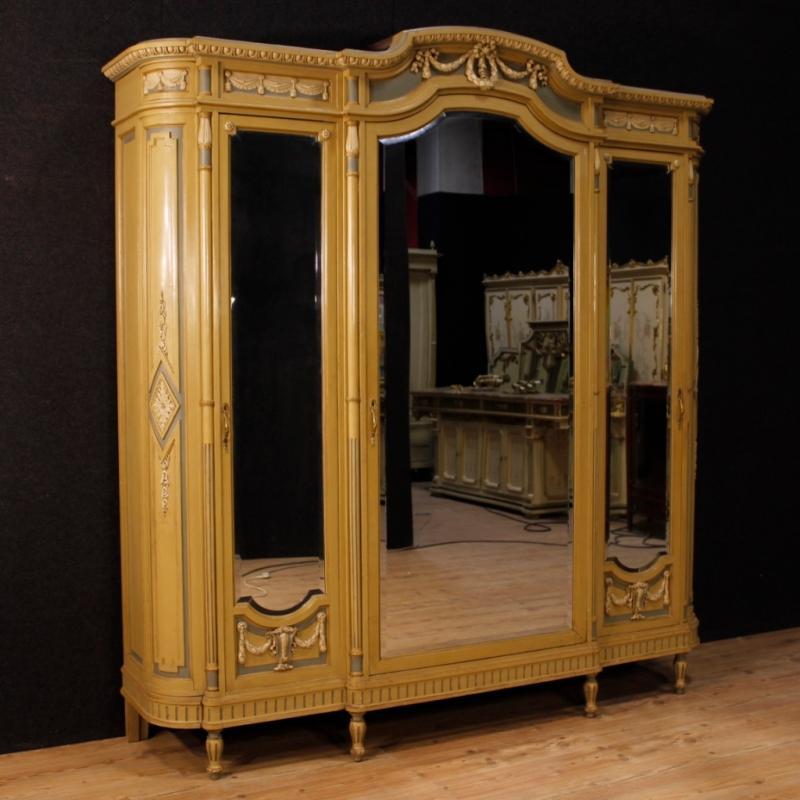 Italian Wardrobe In Lacquered Wood With Mirrors In Louis XVI Style From 20th Century