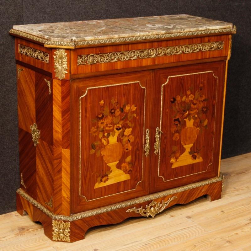 French Inlaid Sideboard In Wood With Marble Top And Bronzes From 20th Century