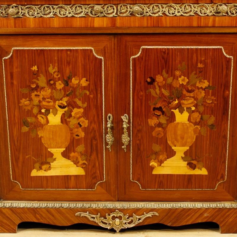 French Inlaid Sideboard In Wood With Marble Top And Bronzes From 20th Century