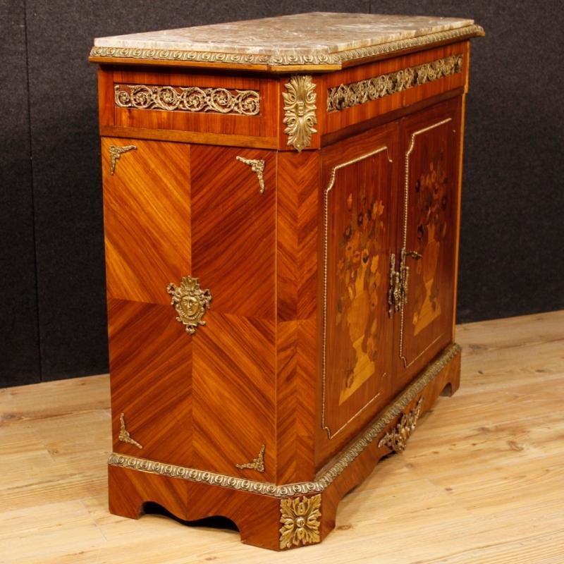 French Inlaid Sideboard In Wood With Marble Top And Bronzes From 20th Century