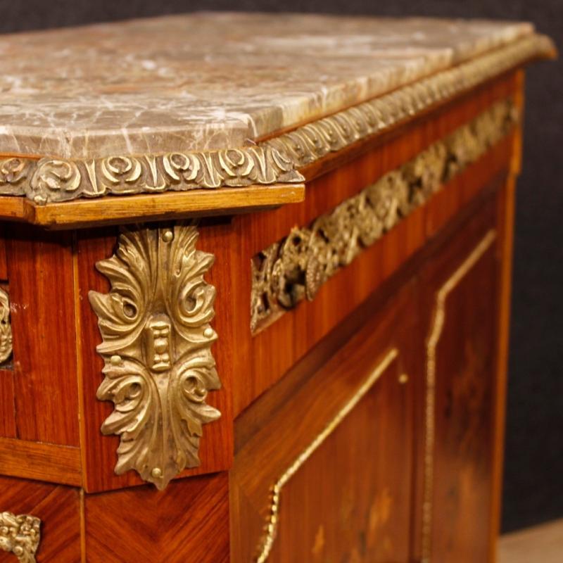 French Inlaid Sideboard In Wood With Marble Top And Bronzes From 20th Century