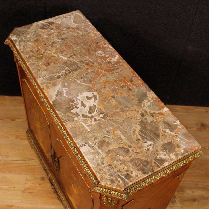 French Inlaid Sideboard In Wood With Marble Top And Bronzes From 20th Century