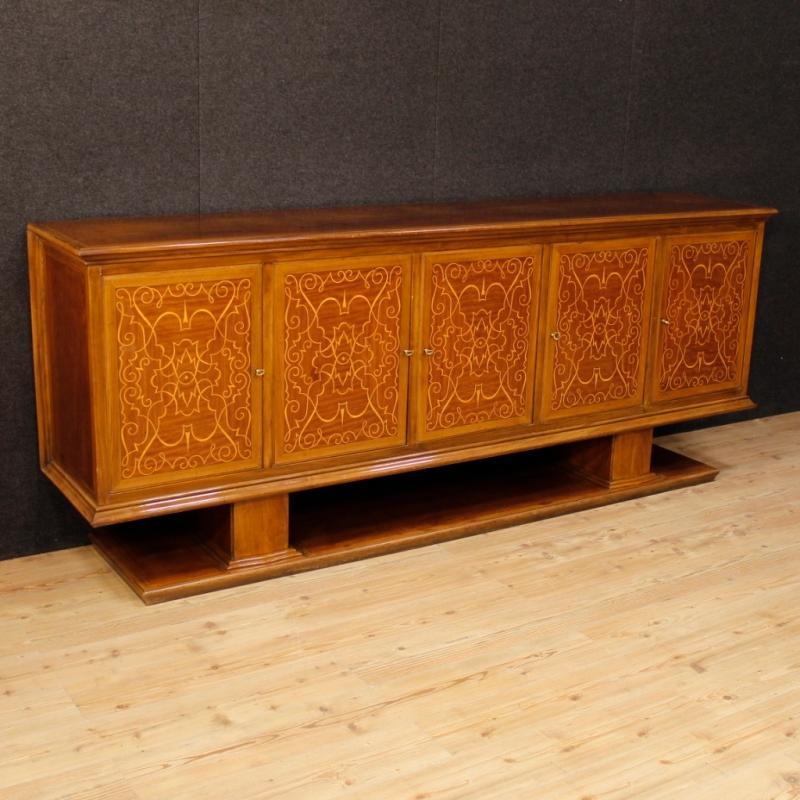 Italian Inlaid Sideboard In Walnut, Maple, Mahogany With 5 Doors From 20th Century