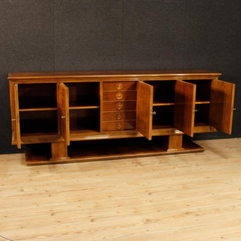 Italian Inlaid Sideboard In Walnut, Maple, Mahogany With 5 Doors From 20th Century