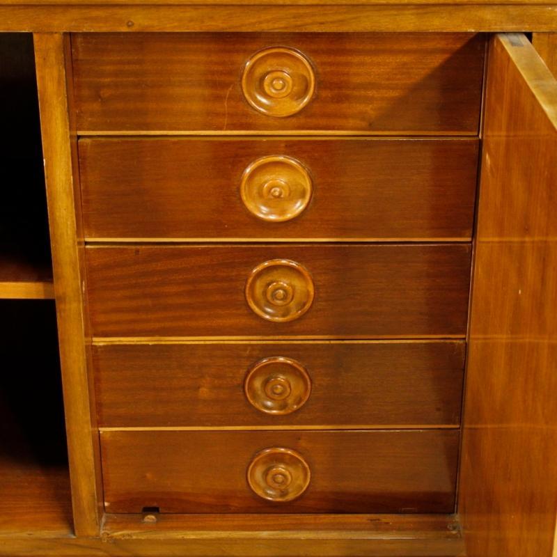 Italian Inlaid Sideboard In Walnut, Maple, Mahogany With 5 Doors From 20th Century