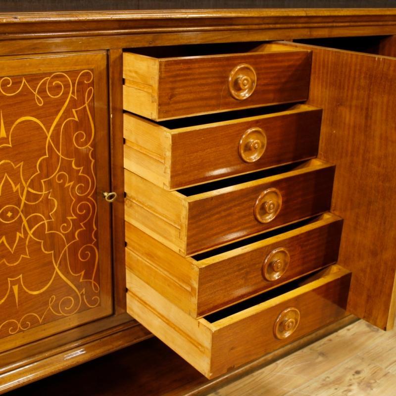 Italian Inlaid Sideboard In Walnut, Maple, Mahogany With 5 Doors From 20th Century