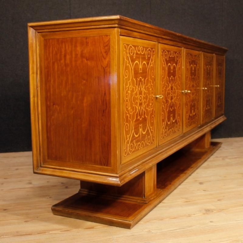 Italian Inlaid Sideboard In Walnut, Maple, Mahogany With 5 Doors From 20th Century