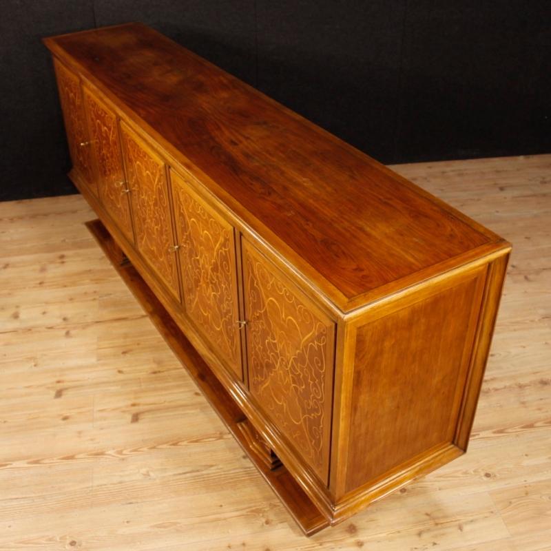 Italian Inlaid Sideboard In Walnut, Maple, Mahogany With 5 Doors From 20th Century