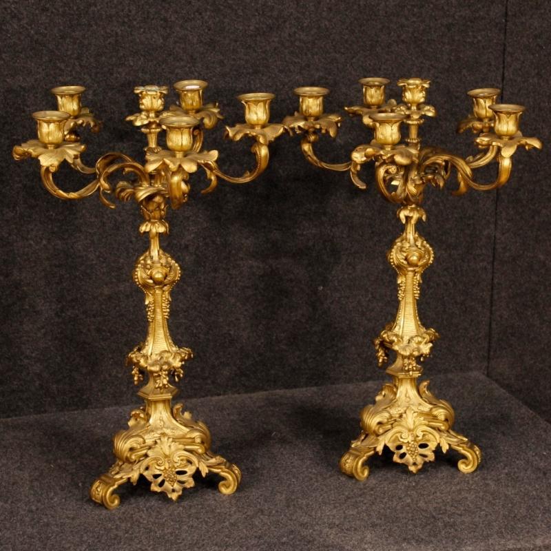 Antique Pair Of French Candelabras In Gilt Bronze From 19th Century