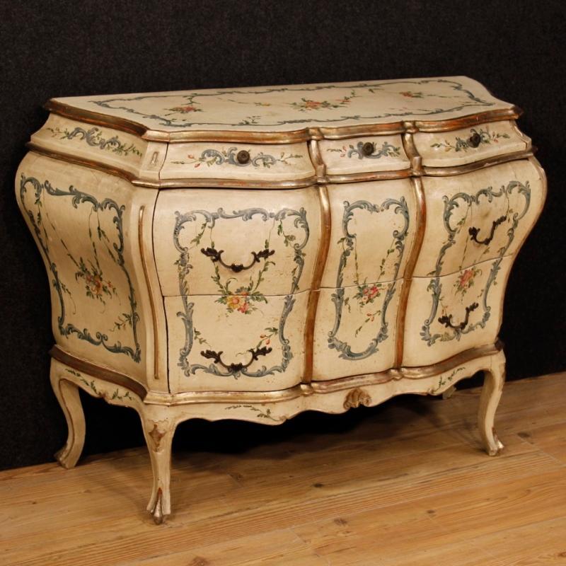 Venetian Dresser In Lacquered, Silvered And Painted Wood With Floral Decorations