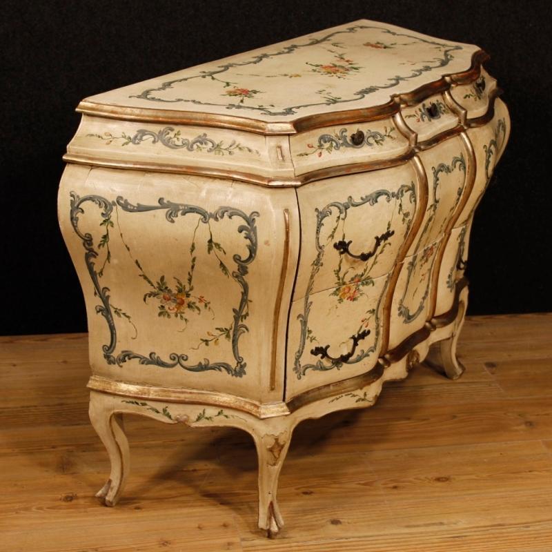 Venetian Dresser In Lacquered, Silvered And Painted Wood With Floral Decorations